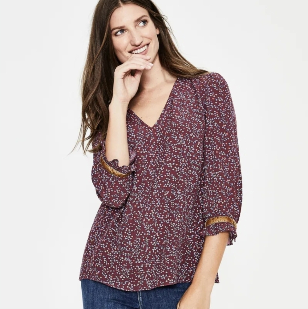 BODEN Winnie Top Blouse Sz US 6 Floral Velvet Trim Button Back Closure Boho